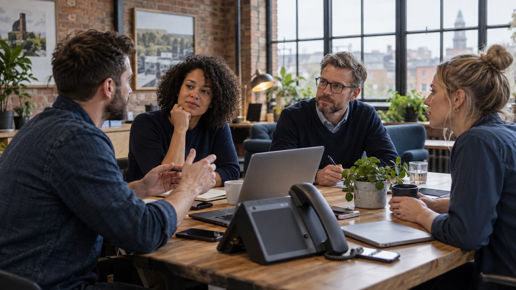 Business colleagues discussing joined-up communications technology