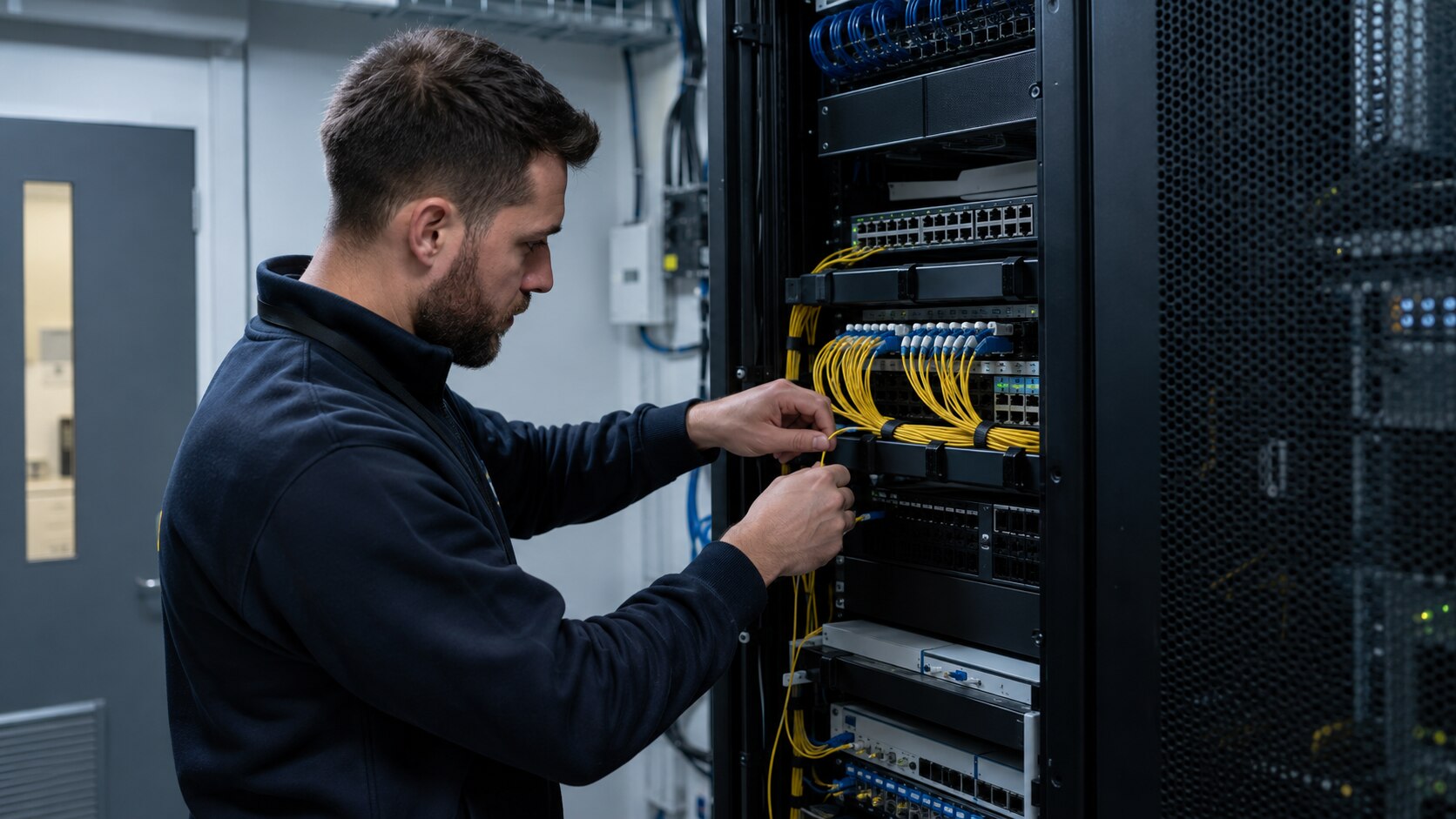 A network engineer working on structured site infrastructure