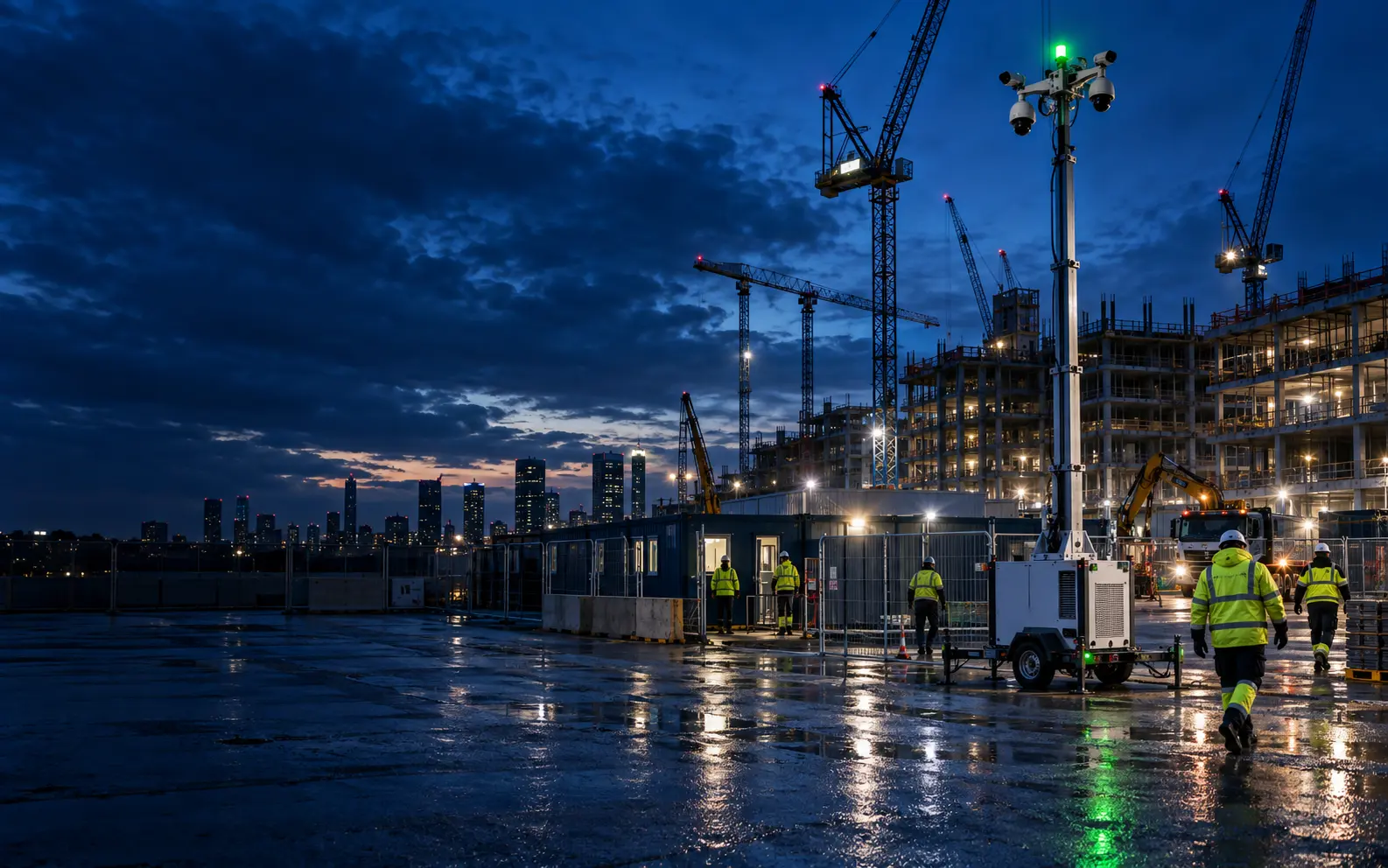 A connected construction site protected by a mobile CCTV tower at blue hour