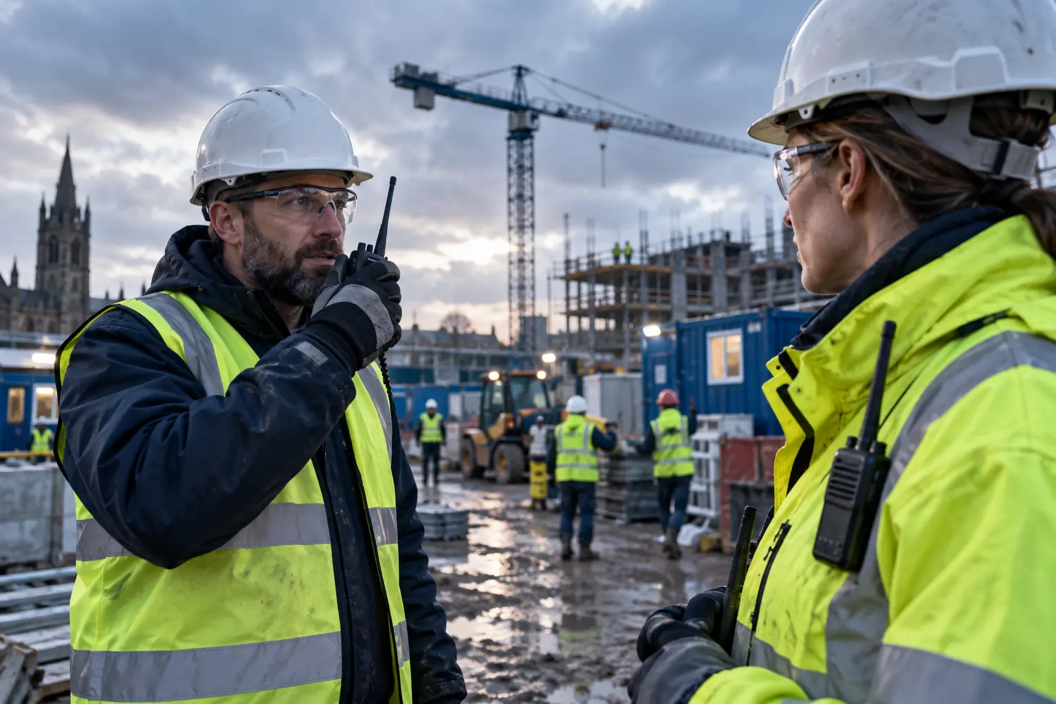 Construction colleagues communicating with handheld DMR radios