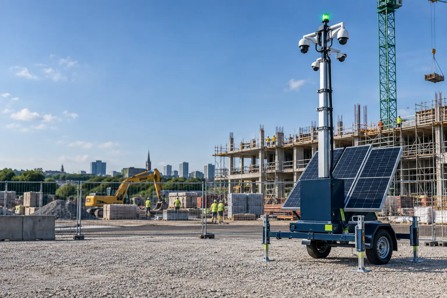 A solar-powered mobile CCTV tower protecting a construction site