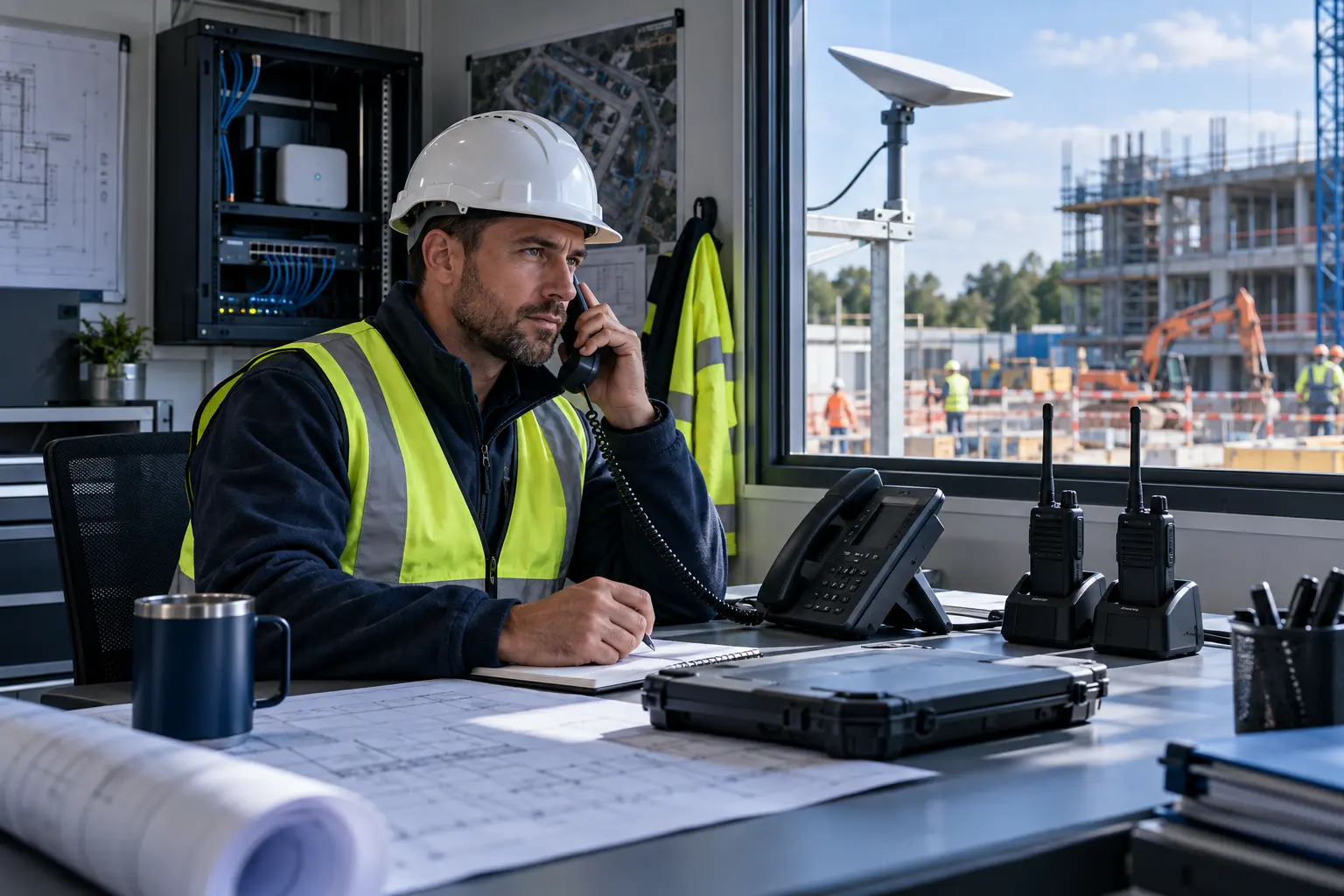 A site manager using a phone beside radios, network equipment and satellite internet