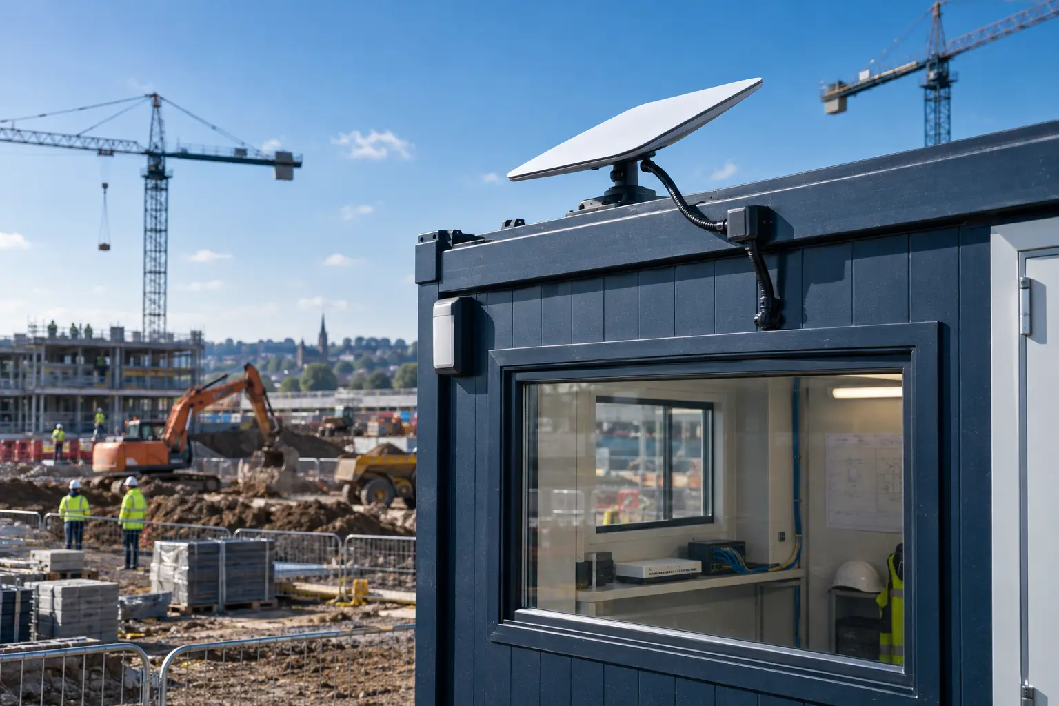Satellite internet installed on a construction site cabin