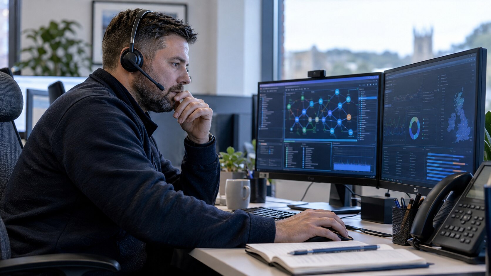 A technical support professional monitoring a connected business environment