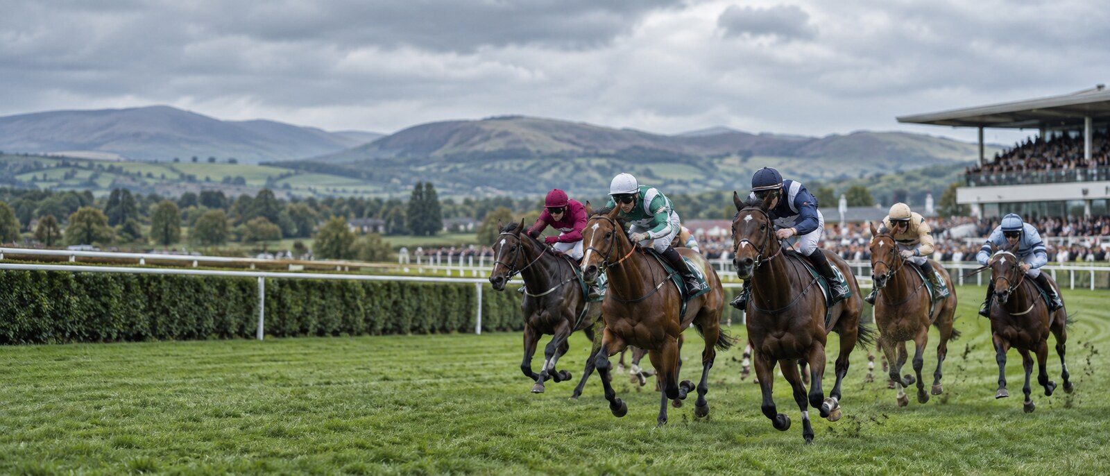Horses racing in front of a busy grandstand at a Cumbrian racecourse